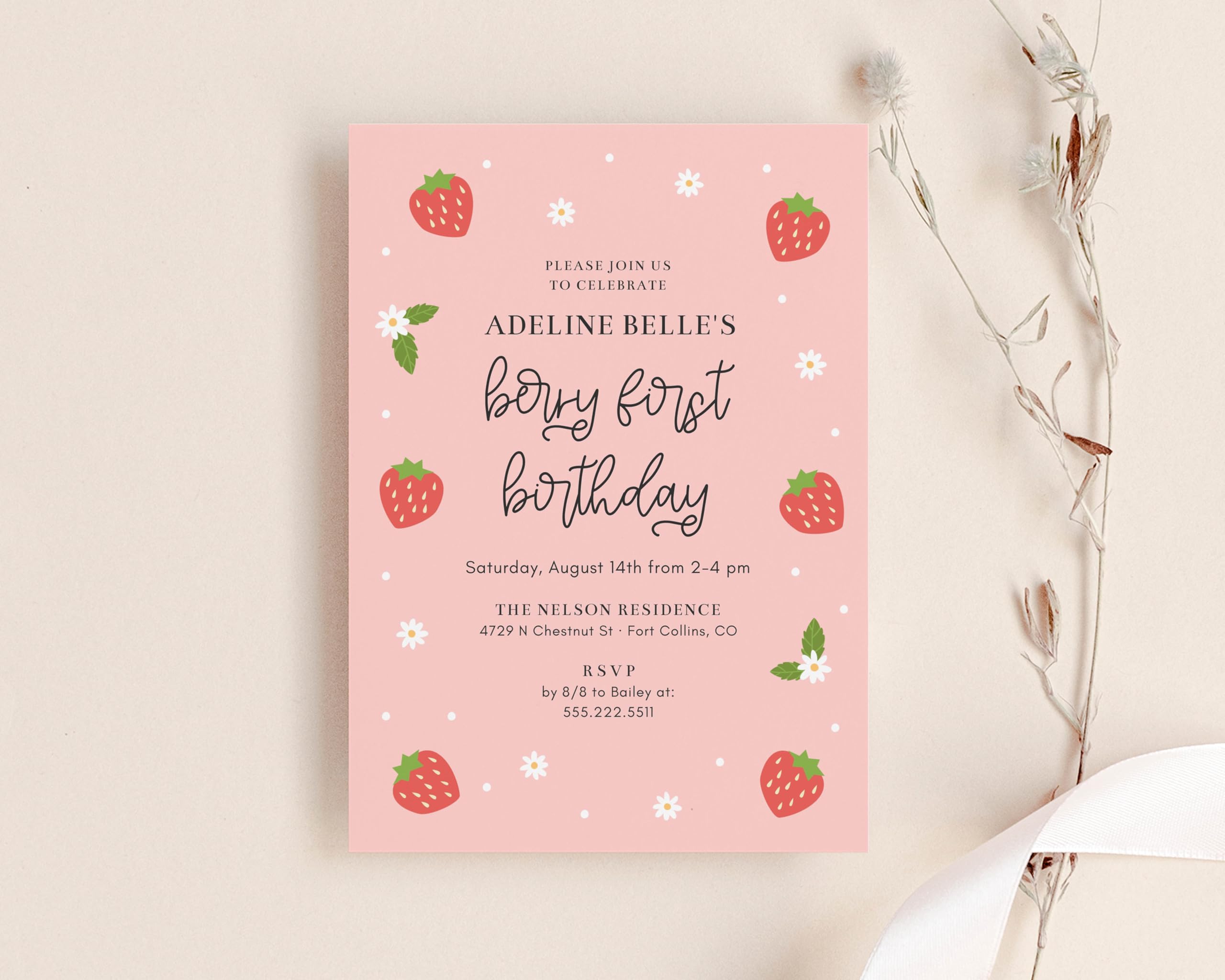 Hello Love Goods Berry First Birthday Party Invitations, 4.25x5.5 or 5x7 Personalized Strawberry 1st Birthday Invites with Envelopes