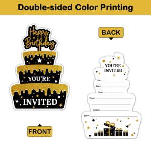 REWIDPARTY Black Gold Birthday Party Invitations with Envelopes & Stickers（Set of 15） Birthday Cake Shaped Fill-in Invitations Happy Birthday Invites Cards Birthday Party Supplies for Kids Adults