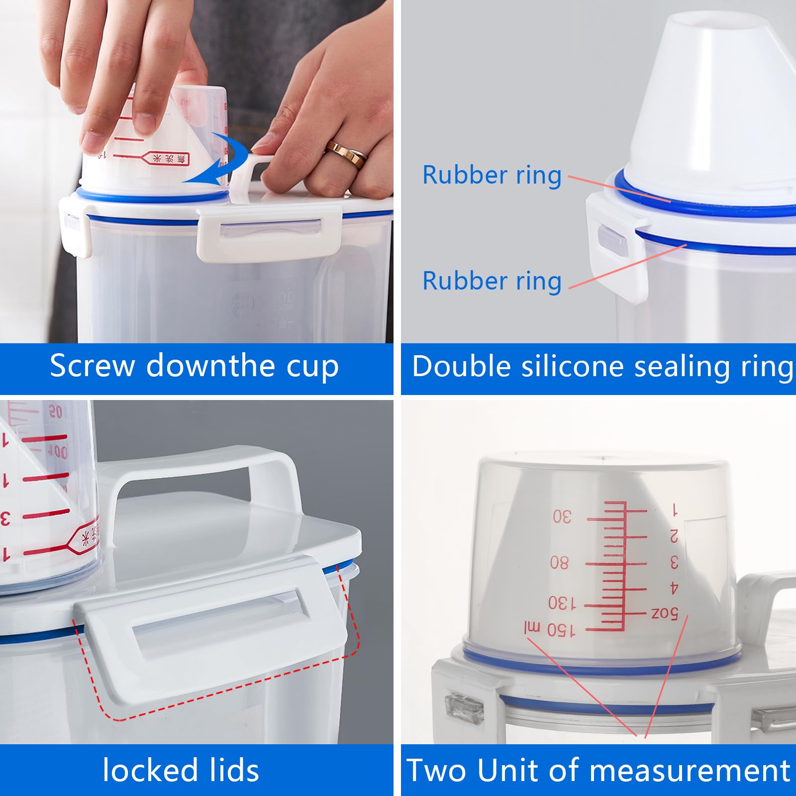 RRROOPP 2 sets 5.5 LB Rice Storage Bin Cereal Containers Dispenser with BPA Free Plastic + Airtight Design + Measuring Cup + Pour Spout - Perfect for Rice Flour Baking Supplies Pet Dog Food Storage