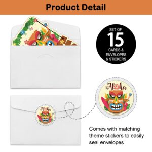 REWIDPARTY Aloha Luau Party Invitations with Envelopes & Stickers（Set of 15） Tiki Luau Shaped Fill-in Invitations Hawaiian Summer Party Invites Cards Tropical Hawaiian Beach Birthday Party Supplies