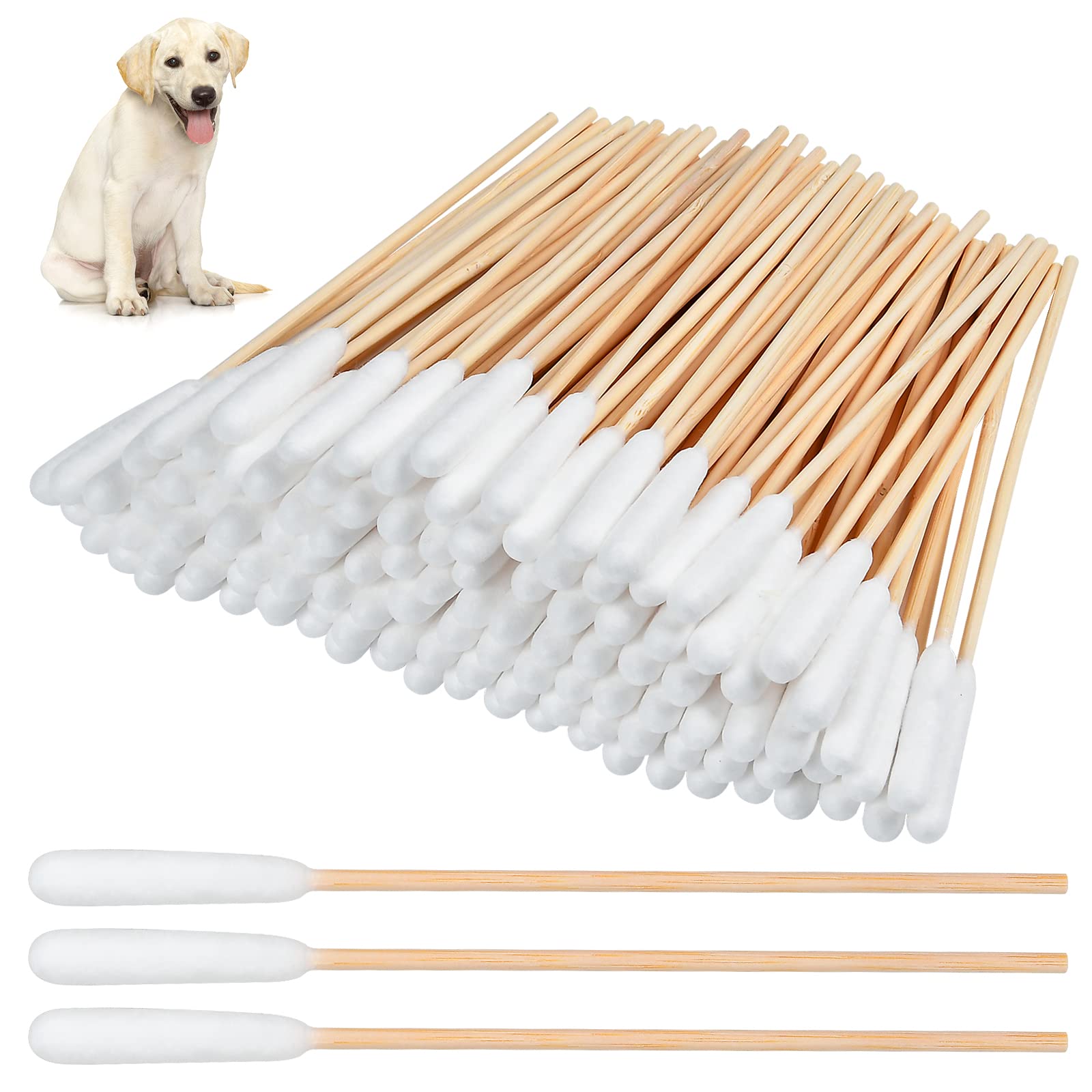 Aemygo 300 Pieces Cotton Swabs for Dogs, 6 Inch Pet Cotton Ear Buds for Puppy Long Qtips for Dogs Ear Cotton Buds Dog Ear Care Cotton Sticks for Apply Medicine, Clean Wound