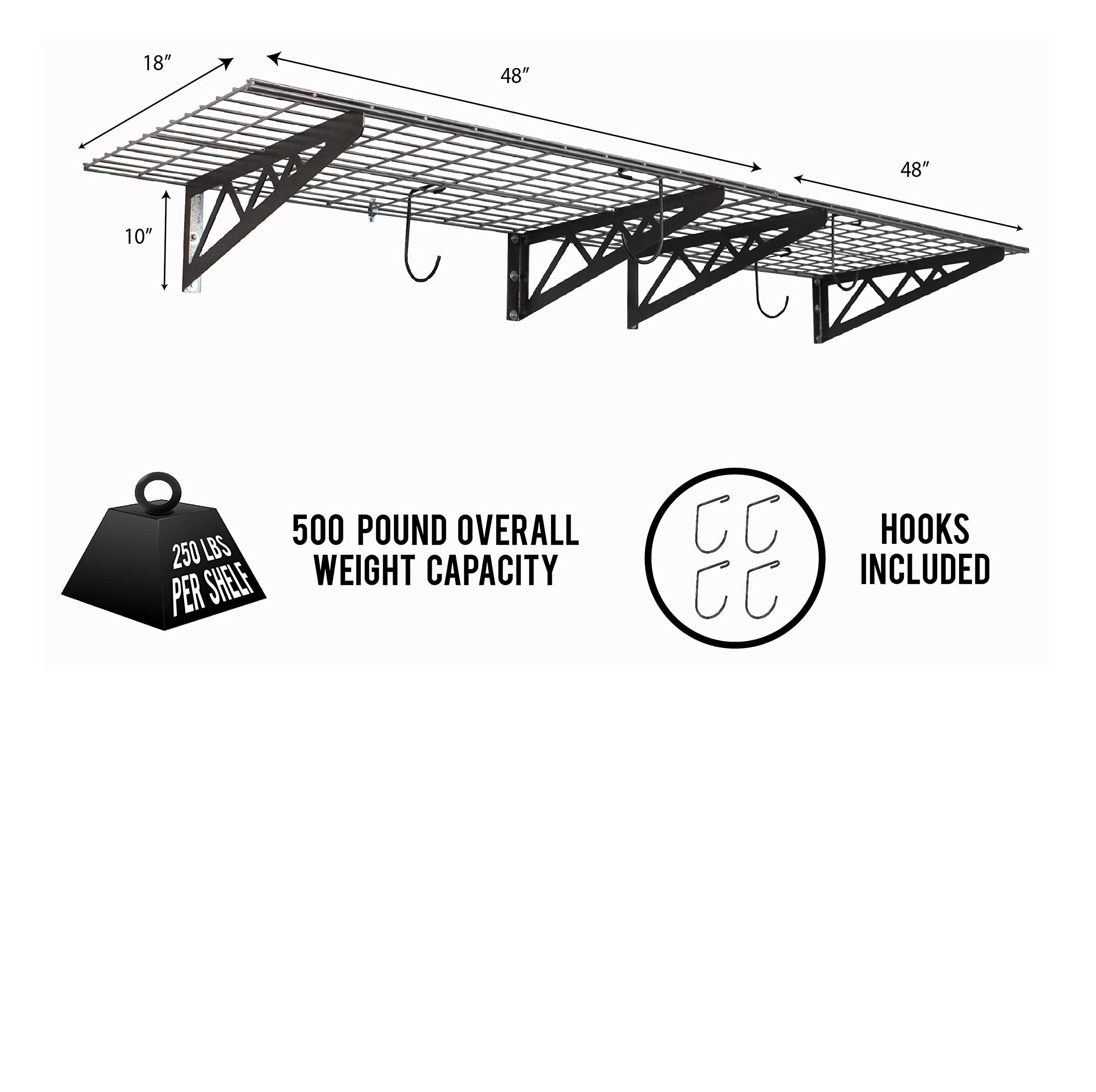 SafeRacks Wall Shelves - 4 Pk 24"x48" Wall Mountable Shelving Unit for Storage Rack, Pantry Shelves, Utility Shelving, Heavy Duty Shelves w/8 Accessory Hooks, 500lbs Capacity, Hammertone