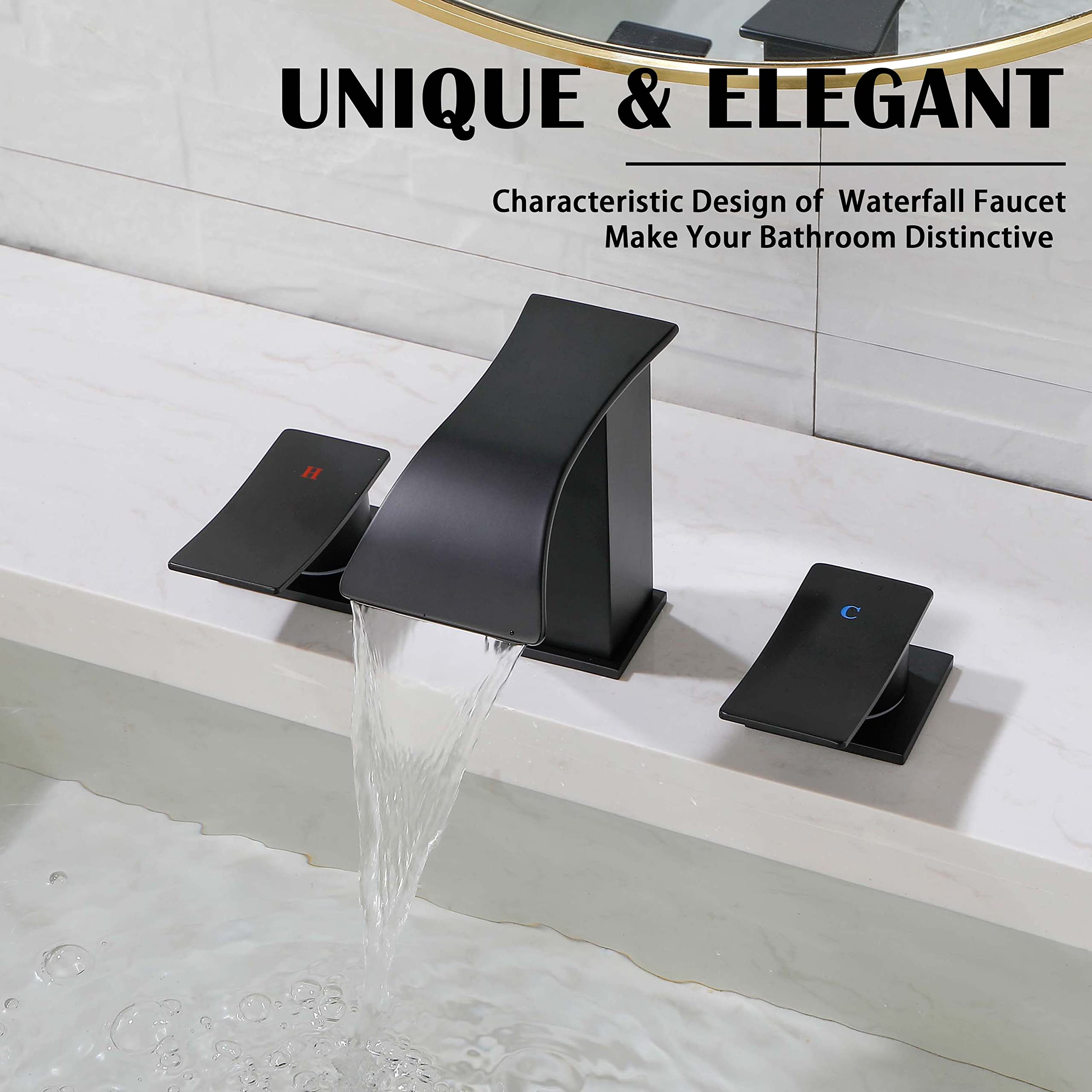 Black Waterfall Bathroom Faucets for Sink 3 Hole - Bathroom Faucet with Pop-up Drain Assembly, 8 Inch Widespread Bathroom Sink Faucet 2-Handles, Matte Black Lavatory Vanity Faucet with Supply Lines