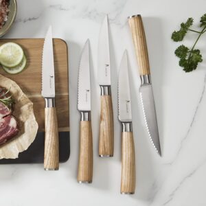 kangdelun Natura Series 4.5” Serrated Steak Knife Set of 6, High Carbon Stainless Steel, Wooden Handle