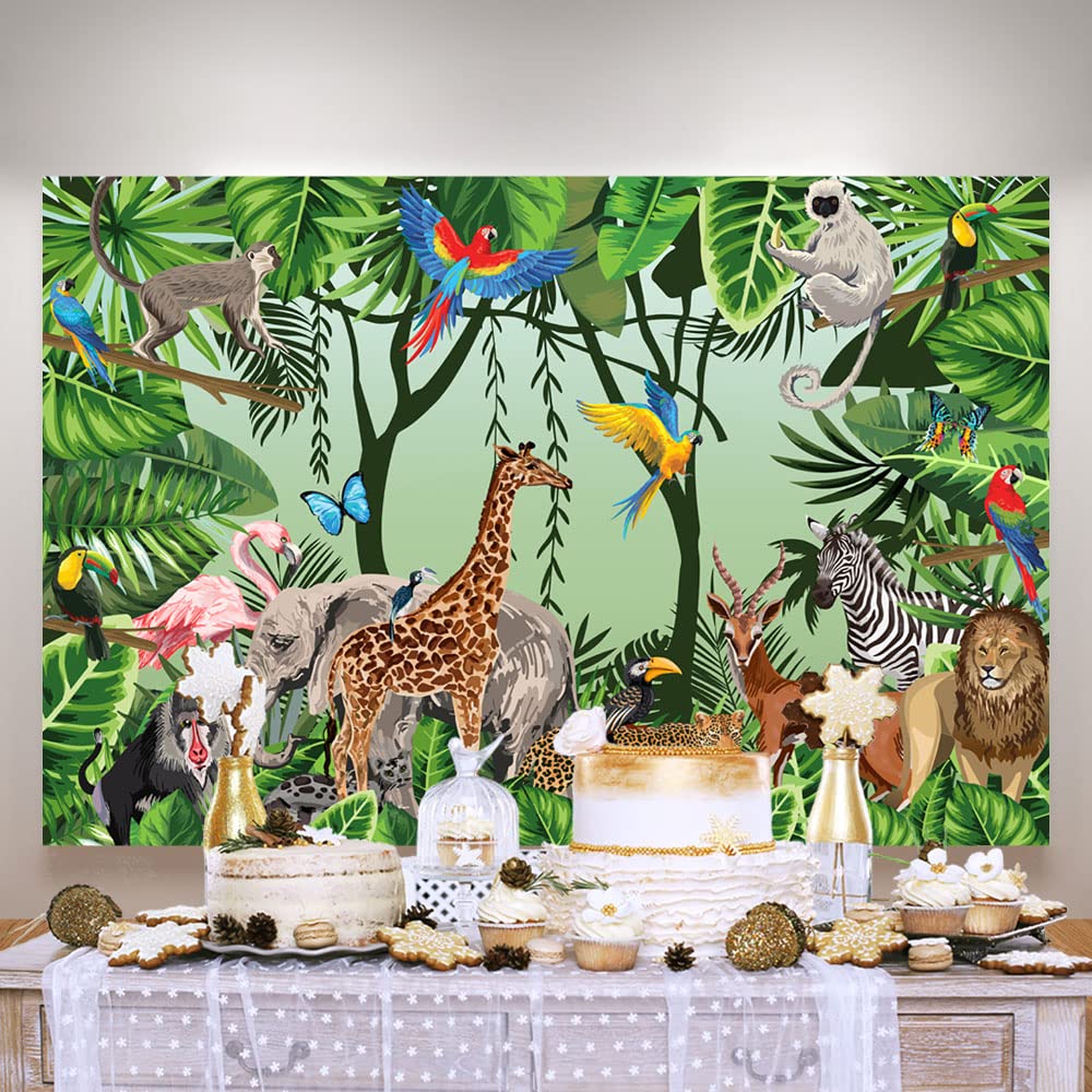 Ticuenicoa 5×3ft Jungle Backdrop Safari Animals Tropical Boy Birthday Baby Shower Birthday Party Wild One Banner Decoration Supplies Favors Gifts Forest Woodland Background Photobooth Prop