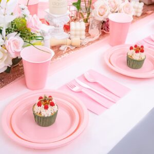 WELLIFE 210 Pieces Pink Party Supplies, Disposable Dinnerware Set, Including Pink Plastic Plates, 12OZ Pink Cups, Pink Plastic Cutlery and Paper Napkins Serve 30 Guests for Party