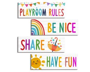 4 pcs playroom sign kids playroom wall decor playroom rules quotes sign be nice share have fun wooden hanging wall art colorful art wall plaque playroom decor for little boys girls bedroom (playroom