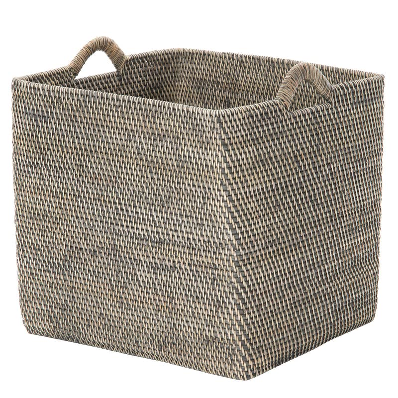 Loma Rectangular Rattan Storage Basket with Handles - Large - Black-Wash - Coastal-Inspired Handwoven Rattan Basket for Home Organization & Décor