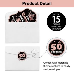 REWIDPARTY Rose Gold 50th Birthday Party Invitations with Envelopes & Stickers（Set of 15） 50th Birthday Shaped Fill-in Invitations Happy 50th Birthday Invites Cards Birthday Party Supplies for Women