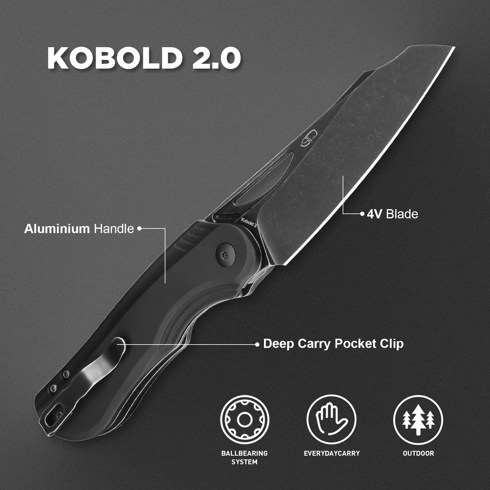 Kizer Kobold 2.0 Pocket Folding Knife, 3.66 In Flipper Pocket knife for EDC Camping, 4V Steel Blade Aluminium Handle, Deep Carry Clip, Small Utility Knife V3542.2A1