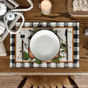 Artoid Mode Pumpkin Buffalo Plaid Fall Placemats Set of 4, 12x18 Inch Seasonal Autumn Table Mats for Outdoor Home Party Dining Decoration