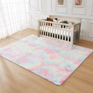 JKMAX Fluffy Shag Rugs for Living Room，Tie-Dyed Rainbow Soft Plush Fuzzy 7x10 Area Rugs for Bedroom Nursery Girls Boys Room Kids Room Decor，Upgrade Anti-Skid Large Carpet for Home Decor Aesthetic