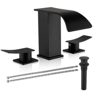 black waterfall bathroom faucets for sink 3 hole - bathroom faucet with pop-up drain assembly, 8 inch widespread bathroom sink faucet 2-handles, matte black lavatory vanity faucet with supply lines