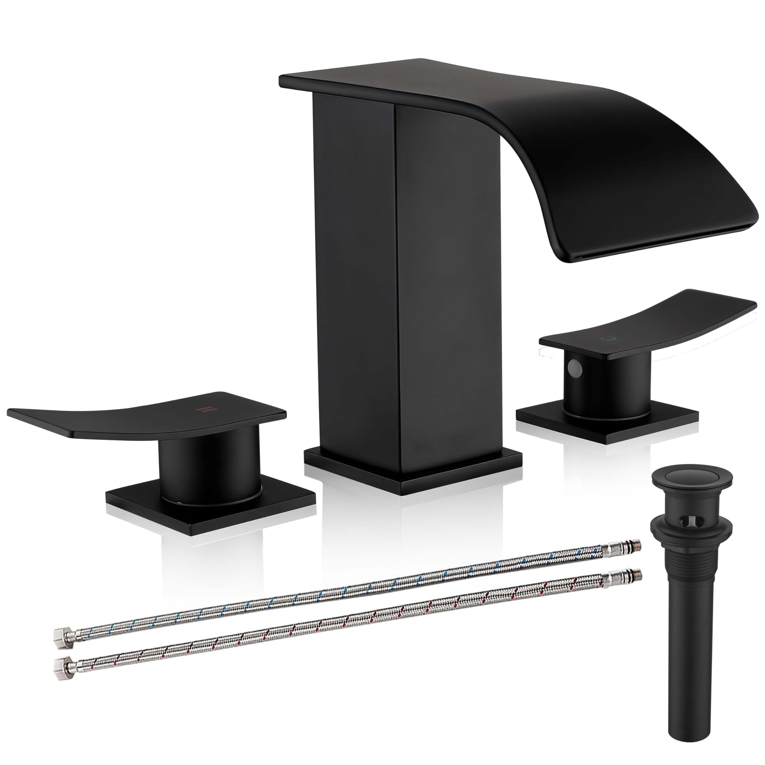 Black Waterfall Bathroom Faucets for Sink 3 Hole - Bathroom Faucet with Pop-up Drain Assembly, 8 Inch Widespread Bathroom Sink Faucet 2-Handles, Matte Black Lavatory Vanity Faucet with Supply Lines