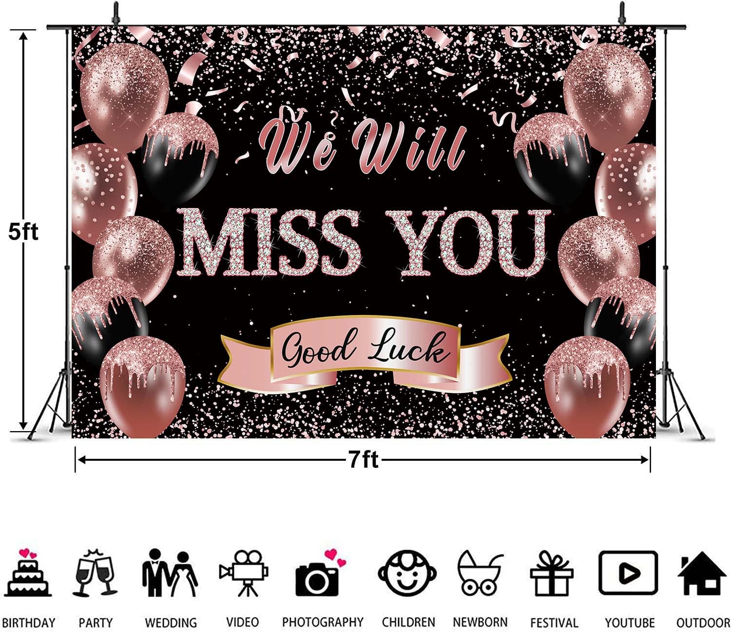 Retirement Farewell Party Backdrop We Will Miss You Rose Gold Glitter Balloon Photography Background Goodbye Going Away Retirement Bye Office Work Graduation Party Decoration 7x5FT