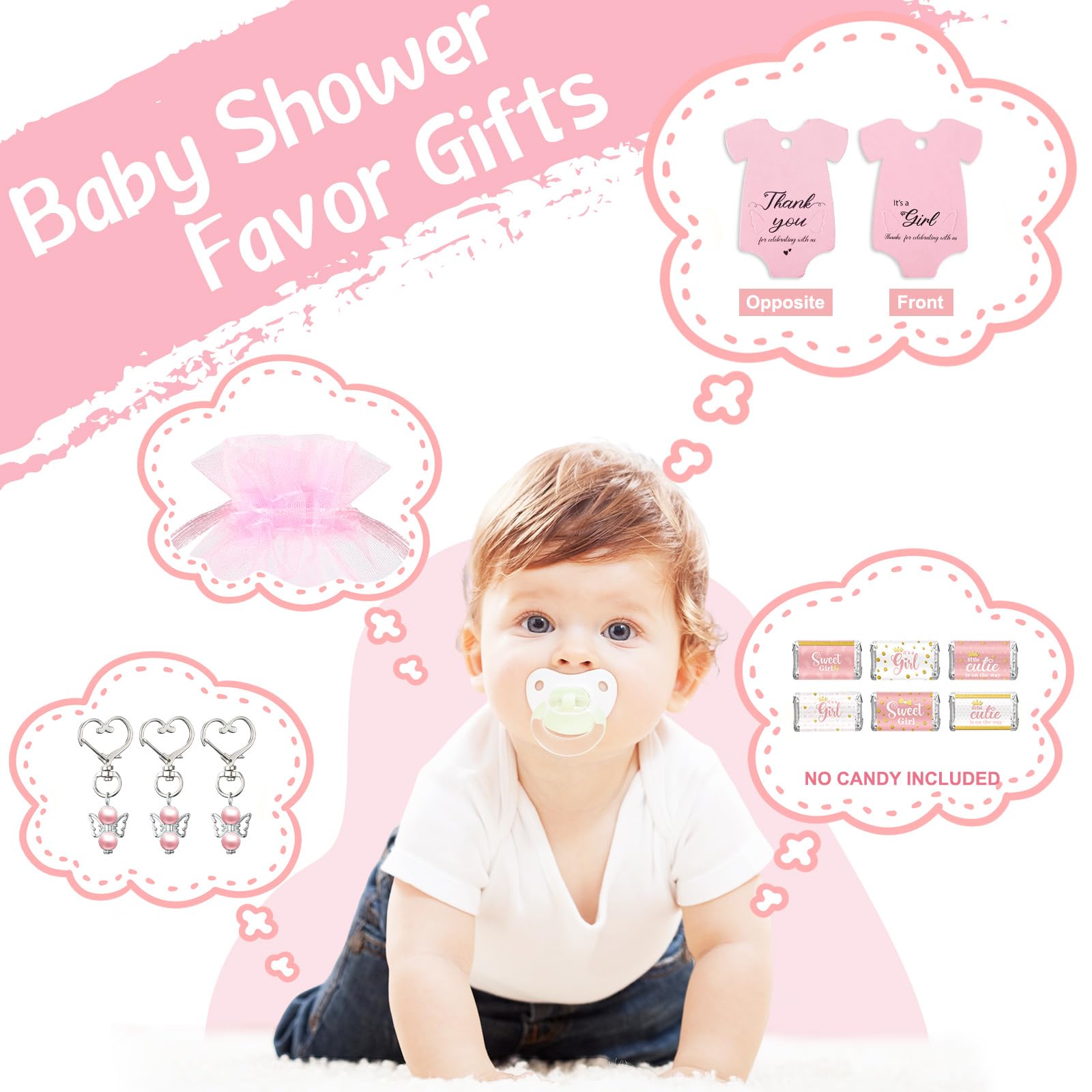 Teling 50 Sets Baby Shower Party Favors Include Baby Shower Angel Keychains Baby Girl Label Sticker Elephant Thank You Card Organza Bag for Girl Baby Shower Birthday Party Return Gift (Pink)