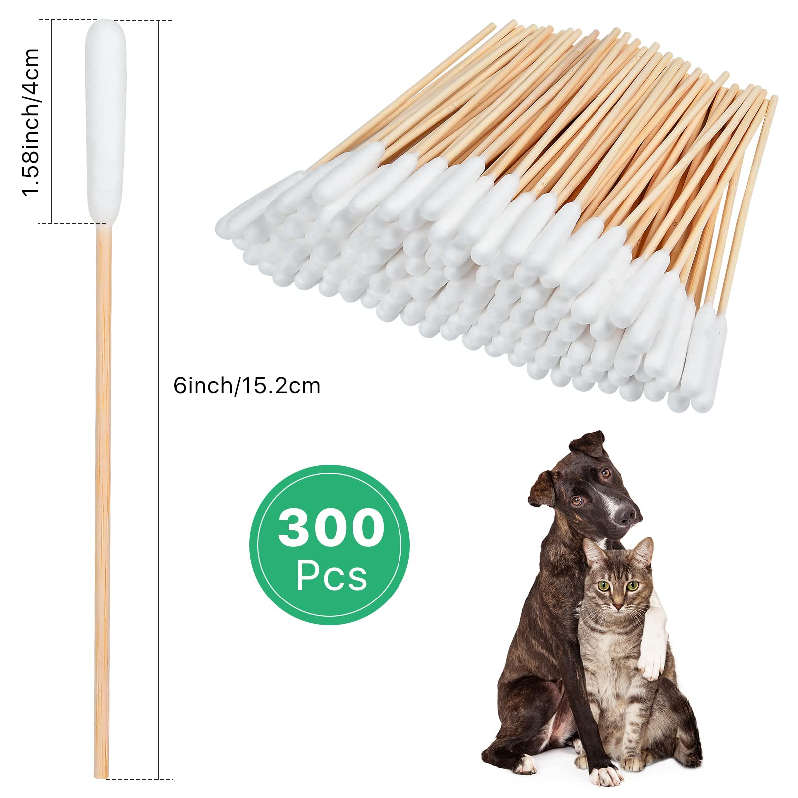 Aemygo 300 Pieces Cotton Swabs for Dogs, 6 Inch Pet Cotton Ear Buds for Puppy Long Qtips for Dogs Ear Cotton Buds Dog Ear Care Cotton Sticks for Apply Medicine, Clean Wound