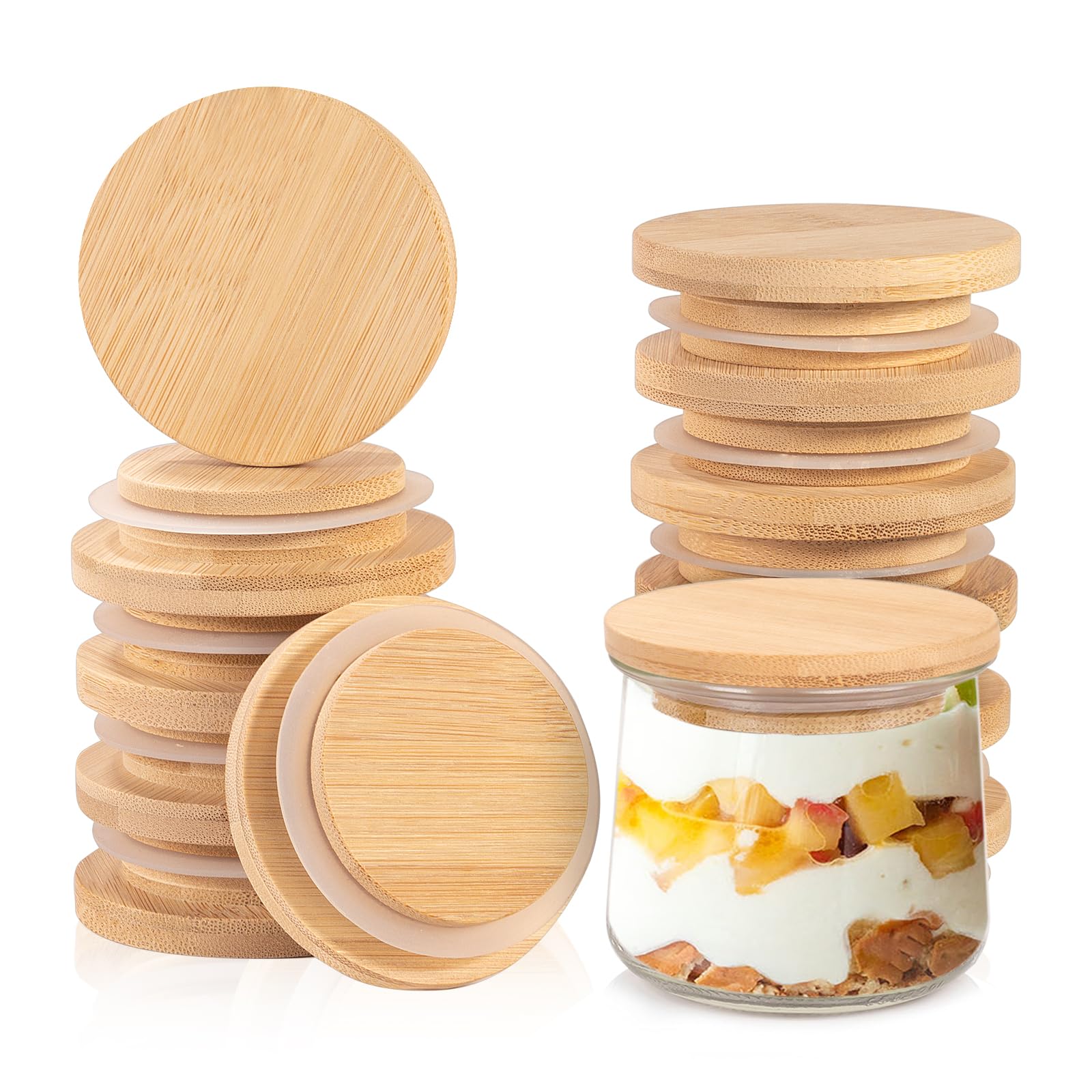 tyrixma Oui Yogurt Jar Lids, 12 Pack Oui Lids, Reusable Natural Bamboo Wood Lids for Oui Yogurt Jars with Silicone Rings Tight Seal (Jars Aren't Included)