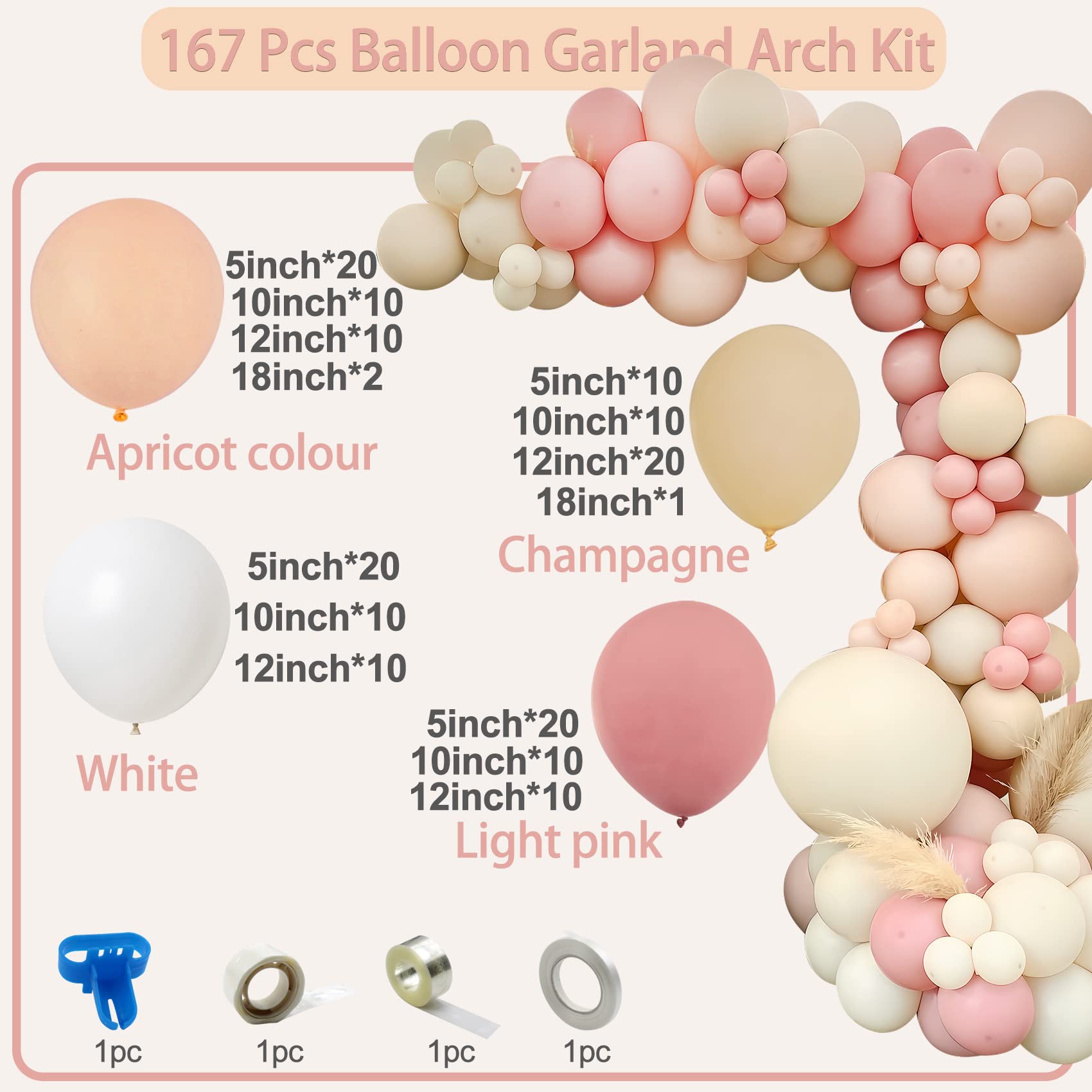 167Pcs Pink Apricot Balloon Arch Garland Kit,White Champagne and Nude Apricot Balloons Decoration Set for Retro Boho Wedding Baby Shower Bridal Engagement Anniversary Graduation Birthday Decorations…