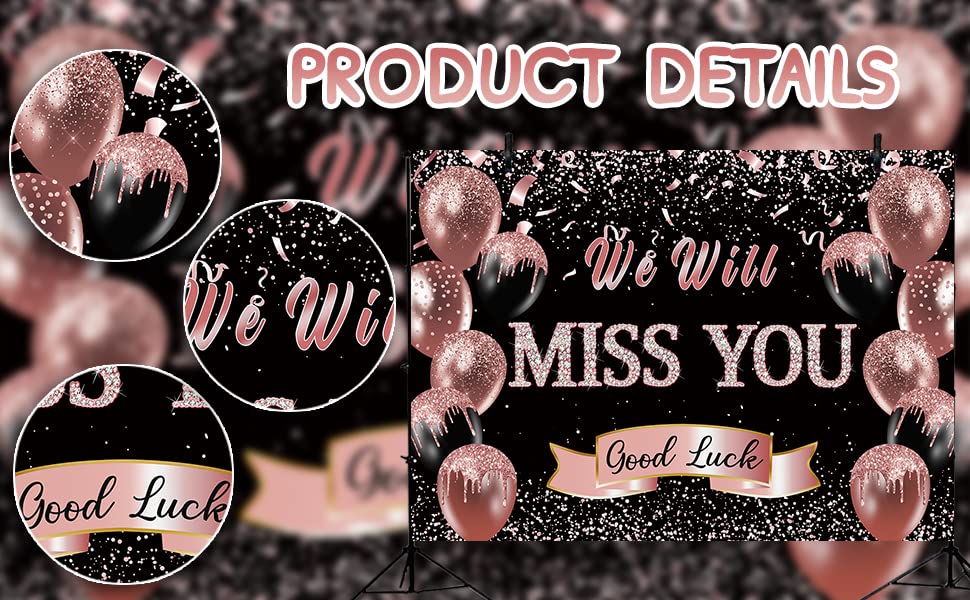 Retirement Farewell Party Backdrop We Will Miss You Rose Gold Glitter Balloon Photography Background Goodbye Going Away Retirement Bye Office Work Graduation Party Decoration 7x5FT