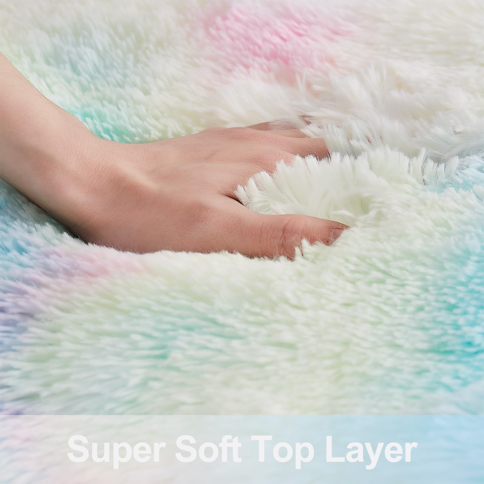 JKMAX Fluffy Shag Rugs for Living Room，Tie-Dyed Rainbow Soft Plush Fuzzy 7x10 Area Rugs for Bedroom Nursery Girls Boys Room Kids Room Decor，Upgrade Anti-Skid Large Carpet for Home Decor Aesthetic