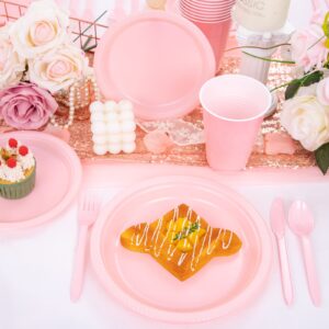 WELLIFE 210 Pieces Pink Party Supplies, Disposable Dinnerware Set, Including Pink Plastic Plates, 12OZ Pink Cups, Pink Plastic Cutlery and Paper Napkins Serve 30 Guests for Party