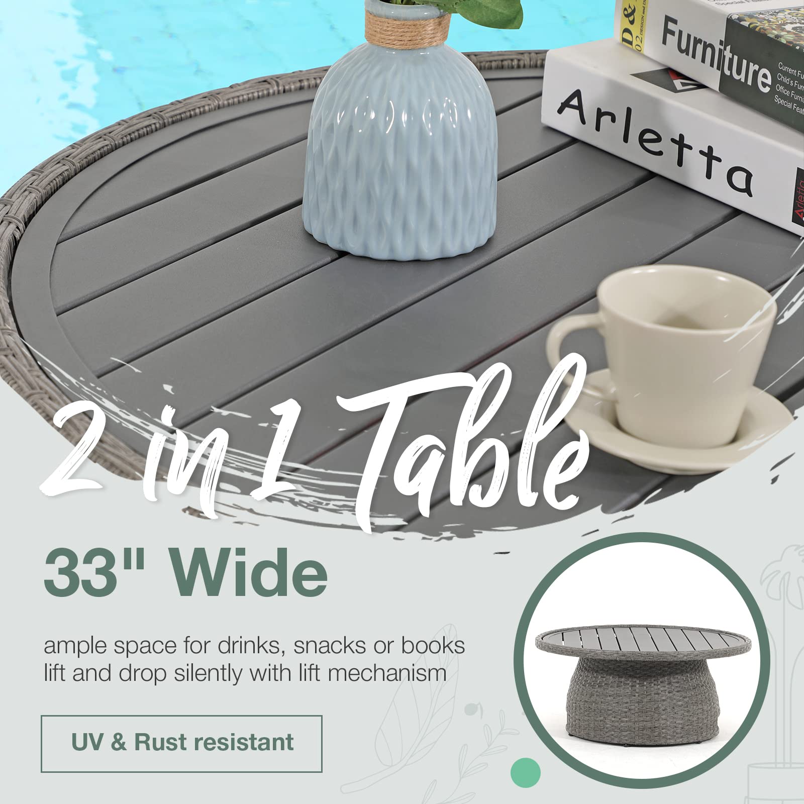 SUNSITT Outdoor Patio Lift Coffee Table, Round Patio Side Table with Aluminum Tabletop, 33in Wicker Furniture Multi-Function Storage Dining Table, Grey