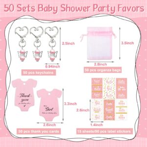 Teling 50 Sets Baby Shower Party Favors Include Baby Shower Angel Keychains Baby Girl Label Sticker Elephant Thank You Card Organza Bag for Girl Baby Shower Birthday Party Return Gift (Pink)