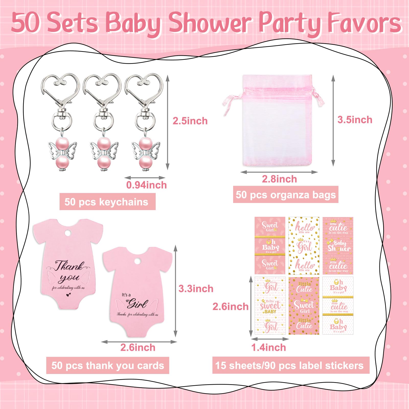 Teling 50 Sets Baby Shower Party Favors Include Baby Shower Angel Keychains Baby Girl Label Sticker Elephant Thank You Card Organza Bag for Girl Baby Shower Birthday Party Return Gift (Pink)