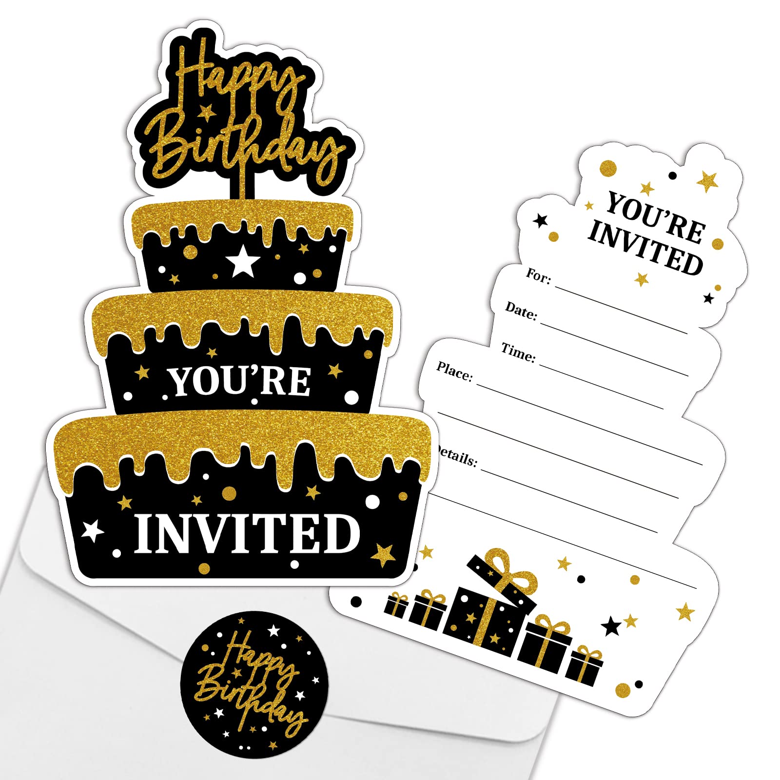 REWIDPARTY Black Gold Birthday Party Invitations with Envelopes & Stickers（Set of 15） Birthday Cake Shaped Fill-in Invitations Happy Birthday Invites Cards Birthday Party Supplies for Kids Adults