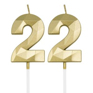 22nd birthday candles for cake, gold number 22 3d diamond shaped candle birthday decorations party supplies for girls, boys, women or men