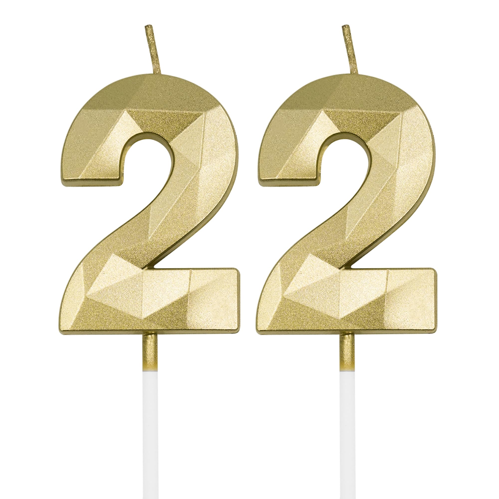 22nd Birthday Candles for Cake, Gold Number 22 3D Diamond Shaped Candle Birthday Decorations Party Supplies for Girls, Boys, Women or Men