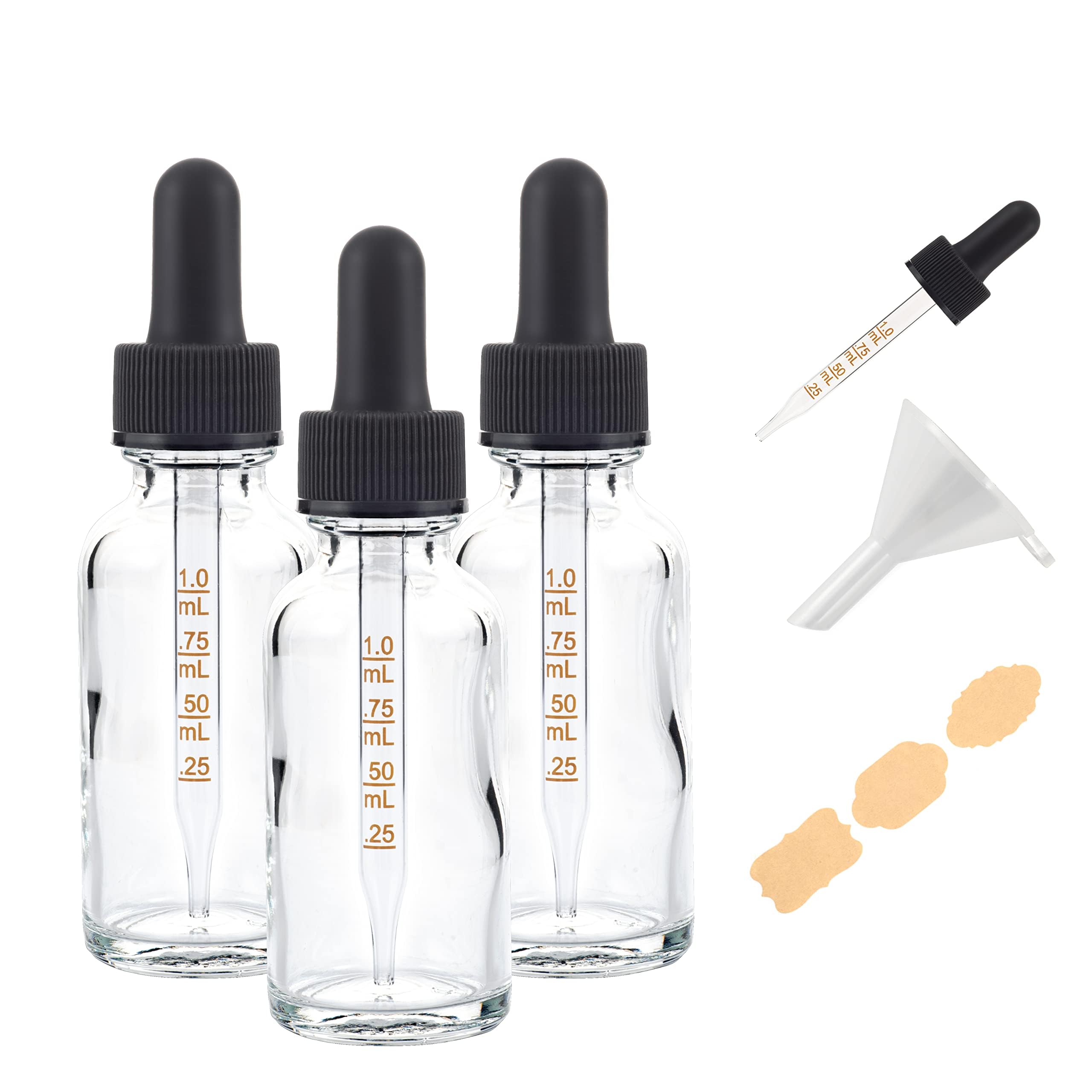 Poadool 3 Pack 1oz (30ml) Clear Glass Dropper Bottles with Measurements, Tincture Bottles with Dropper, Clear Glass Bottle with Glass Eye Dropper, 1ml Stronger Suction, Not Faded Markings.