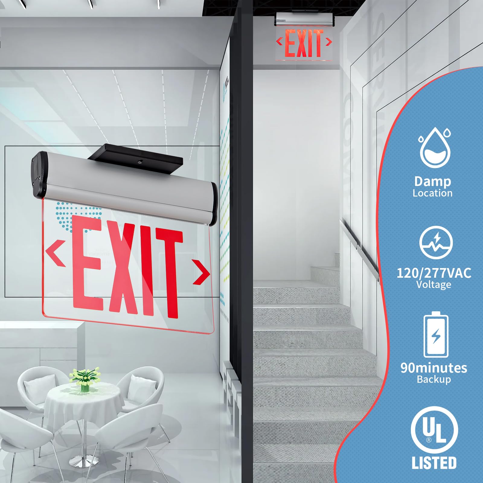 TANLUX Red Exit Signs for Business, LED Edge Lit Exit Sign, UL 924, Hardwired Emergency Exit Lights with Battery Backup, Aluminum Housing with Rotating Acrylic Clear Panel, AC 120/277V, 1 Pack