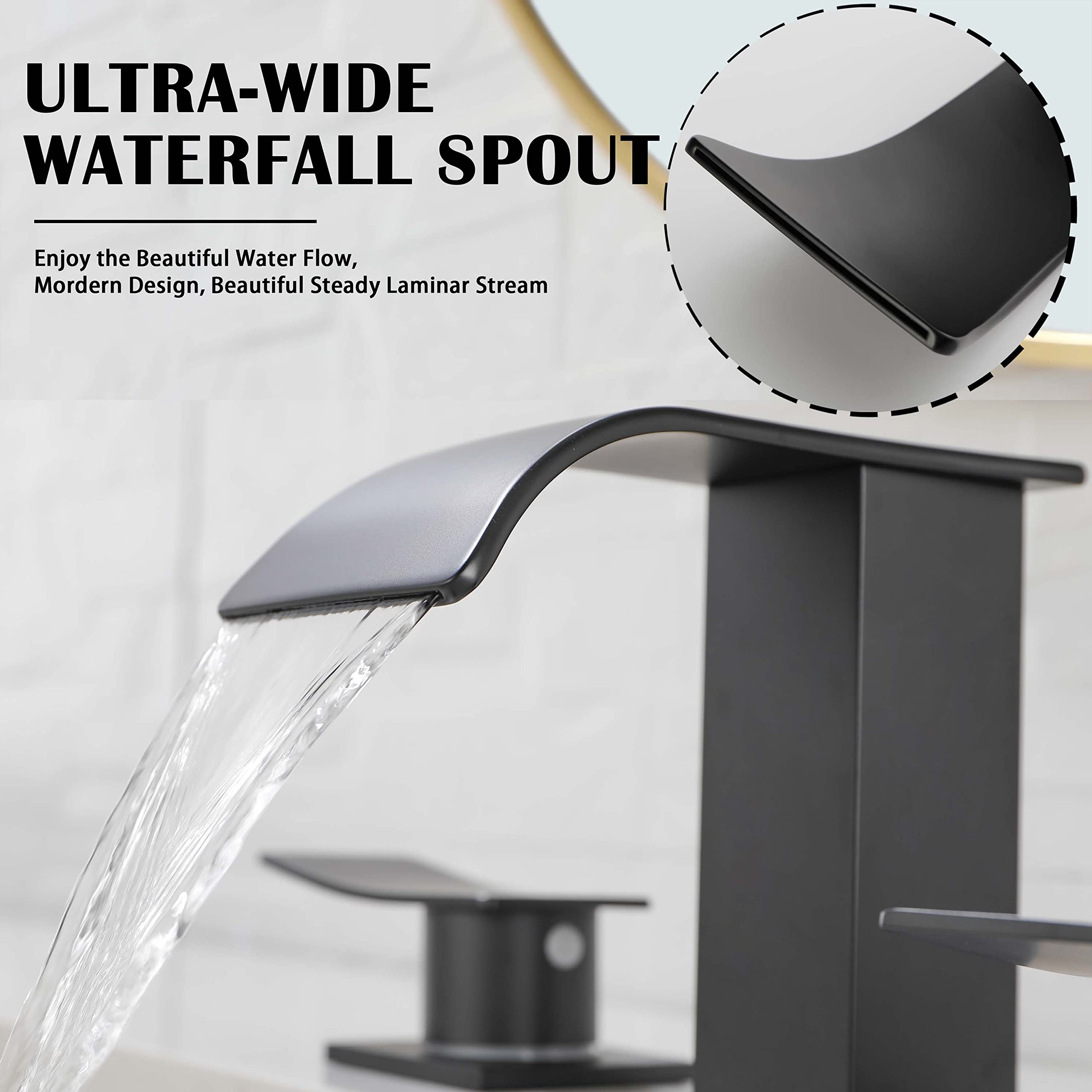 Black Waterfall Bathroom Faucets for Sink 3 Hole - Bathroom Faucet with Pop-up Drain Assembly, 8 Inch Widespread Bathroom Sink Faucet 2-Handles, Matte Black Lavatory Vanity Faucet with Supply Lines