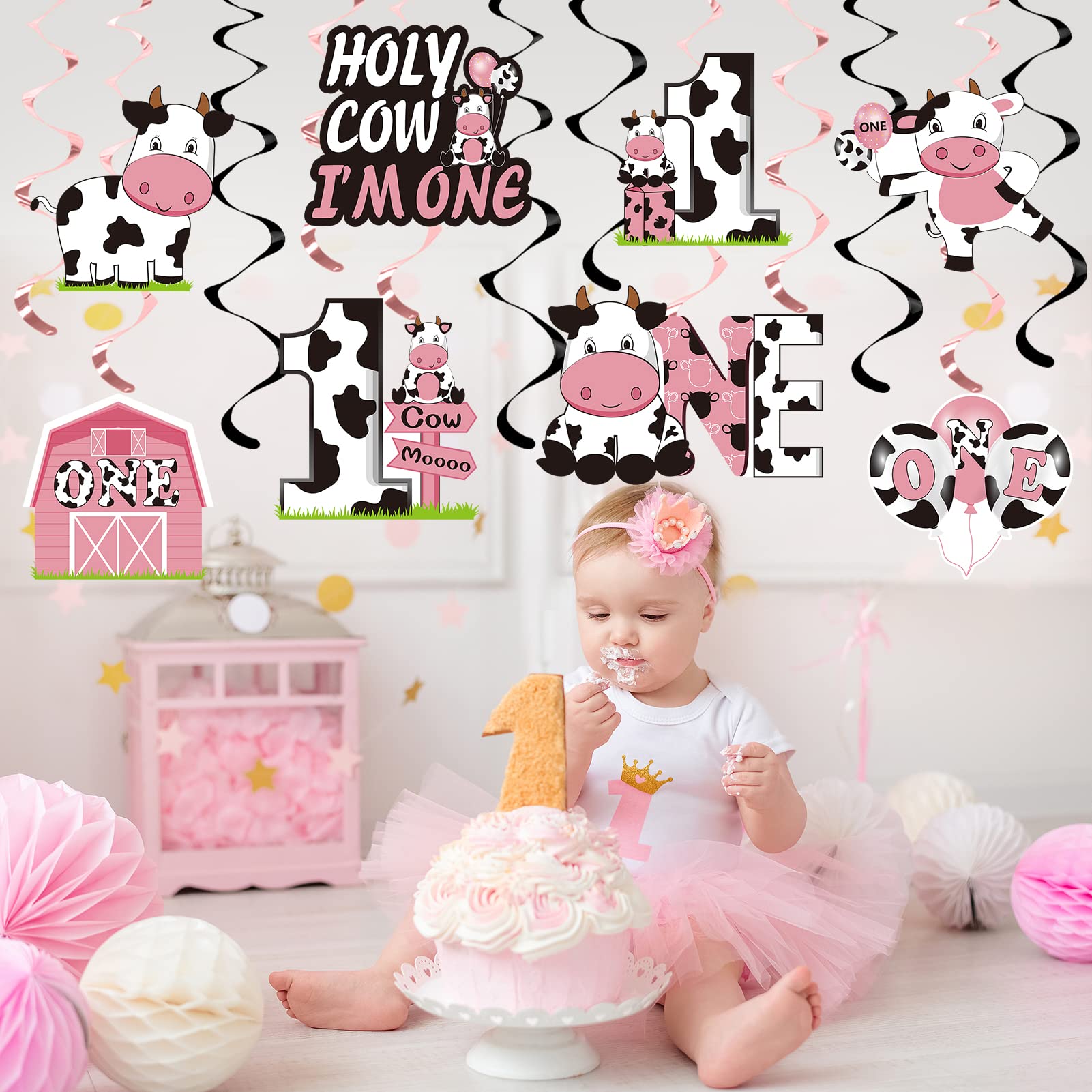 Holy Cow Im One Birthday Decorations Hanging Swirl for Baby Girl, Pink Cow First Birthday Foil Swirls Party Supplies, Baby 1st Bday Cow Theme Ceiling Hanging Sign