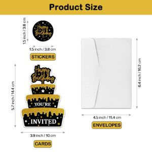 REWIDPARTY Black Gold Birthday Party Invitations with Envelopes & Stickers（Set of 15） Birthday Cake Shaped Fill-in Invitations Happy Birthday Invites Cards Birthday Party Supplies for Kids Adults