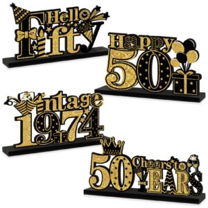 turypaty 4 pieces 50th birthday decorations wooden vintage 1974 table party supplies, black gold cheers to 50 years table centerpieces sign, happy 50th anniversary bday hello fifty table decor