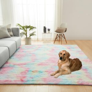 JKMAX Fluffy Shag Rugs for Living Room，Tie-Dyed Rainbow Soft Plush Fuzzy 7x10 Area Rugs for Bedroom Nursery Girls Boys Room Kids Room Decor，Upgrade Anti-Skid Large Carpet for Home Decor Aesthetic