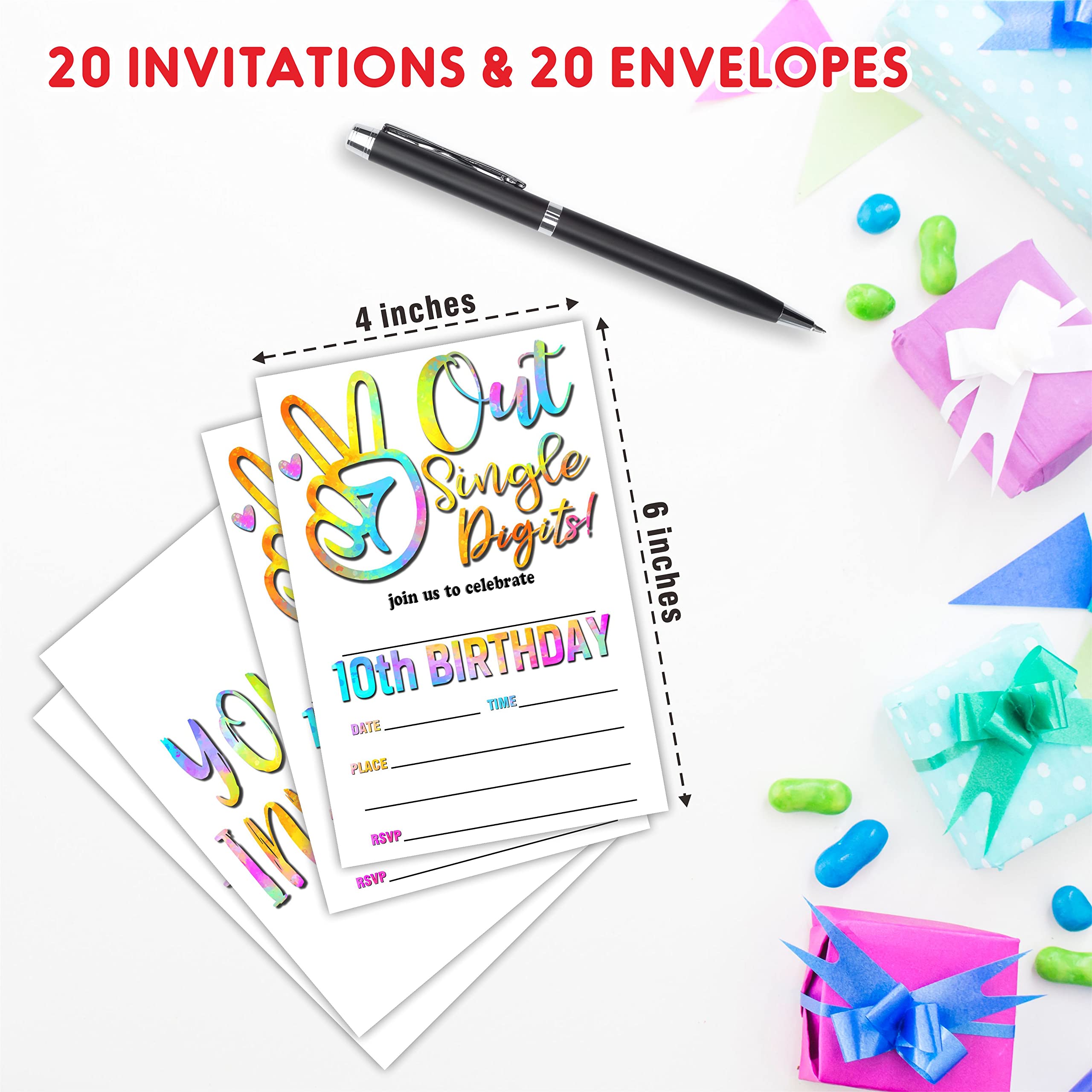 AWSICE Birthday Invitations, Out Single Digits Double-Sided Fill-In Invite Cards For Birthday Party, 20 Invitations With Envelopes, Decorations,Party Favor And Supply-B14