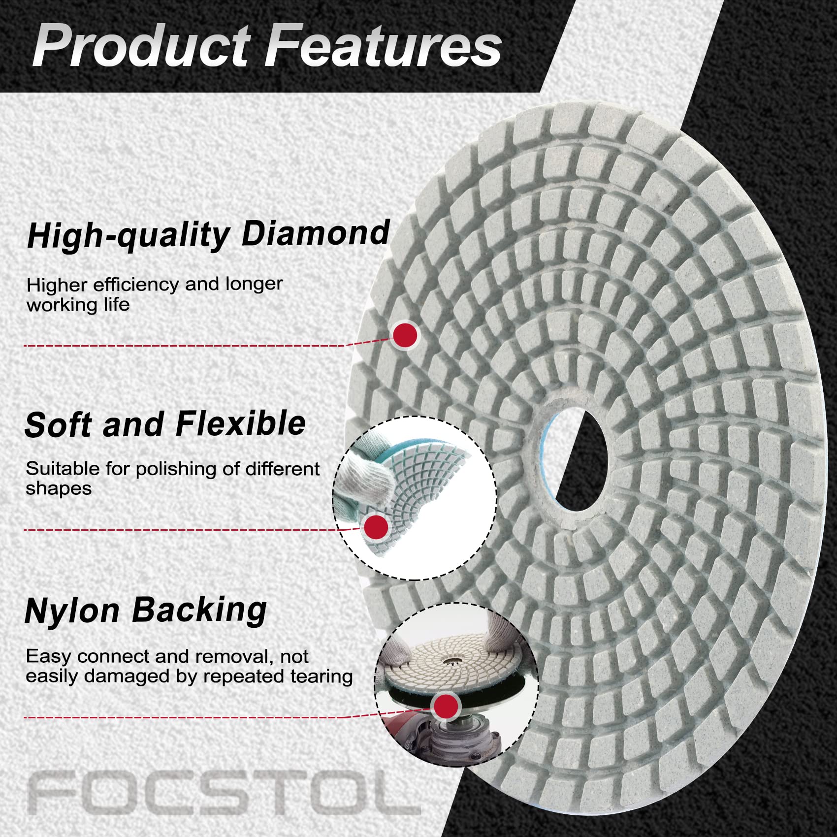 FOCSTOL Diamond Wet Polishing Pads - 4''(100mm) Grit 400 Polishing Kit for Granite Marble Artificial Stone Quartz for Angle Grinder 6pcs