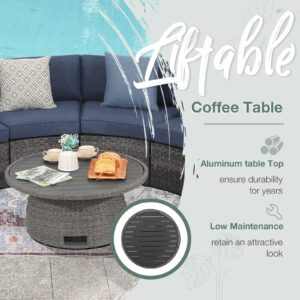 SUNSITT Outdoor Patio Lift Coffee Table, Round Patio Side Table with Aluminum Tabletop, 33in Wicker Furniture Multi-Function Storage Dining Table, Grey