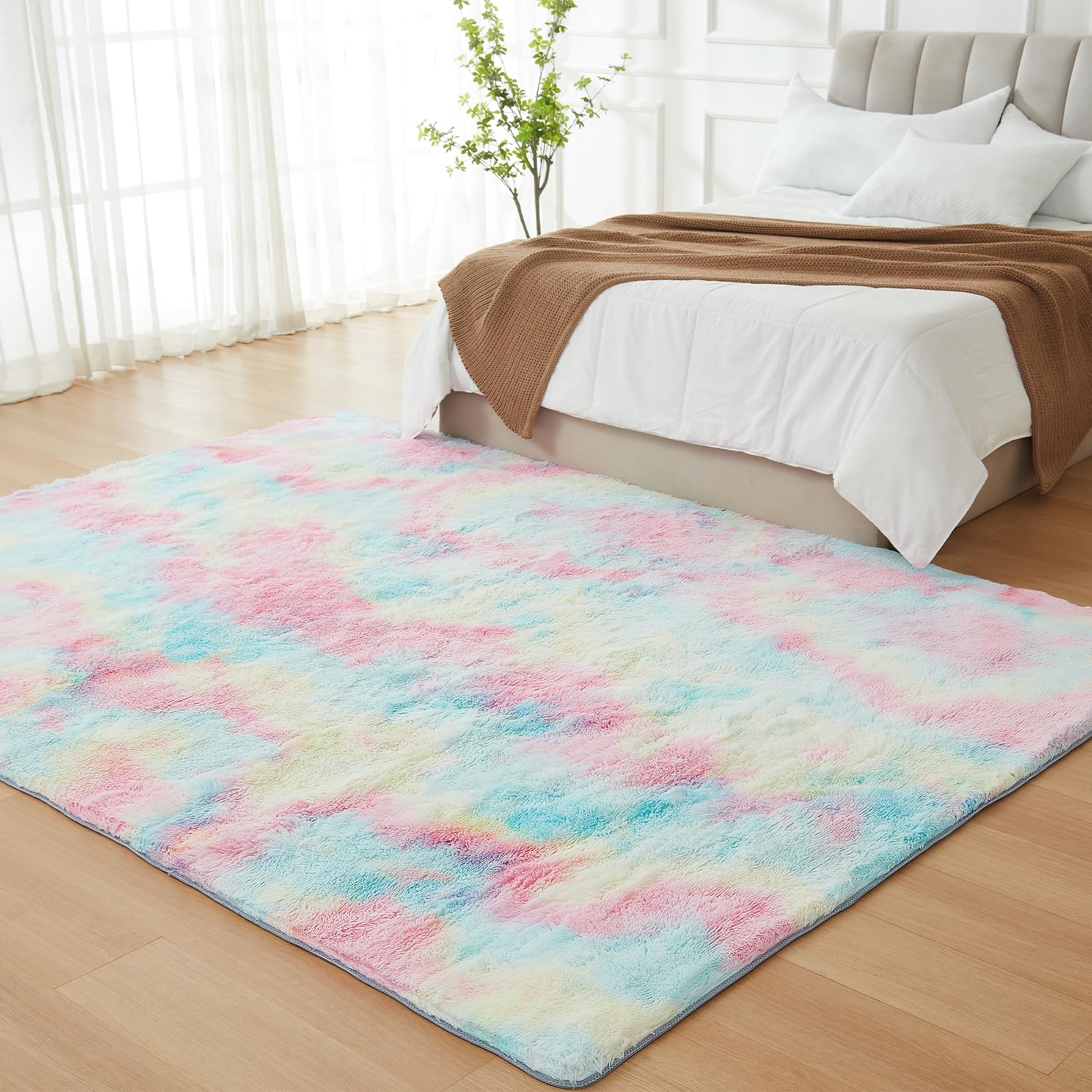 JKMAX Fluffy Shag Rugs for Living Room，Tie-Dyed Rainbow Soft Plush Fuzzy 7x10 Area Rugs for Bedroom Nursery Girls Boys Room Kids Room Decor，Upgrade Anti-Skid Large Carpet for Home Decor Aesthetic