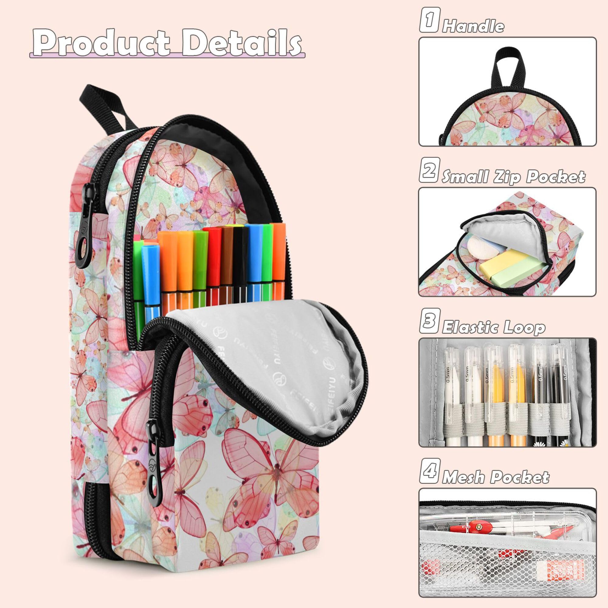 Sletend Big Capacity Pencil Bag Butterfly 3 Compartment Pouch Pen Bag Print Pencil Pen Case