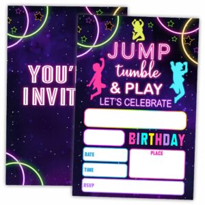 awsice jump tumble & play birthday invitations, neon glow double-sided fill-in invite cards for birthday party, 20 invitations with envelopes, decorations,party favor and supply-b02