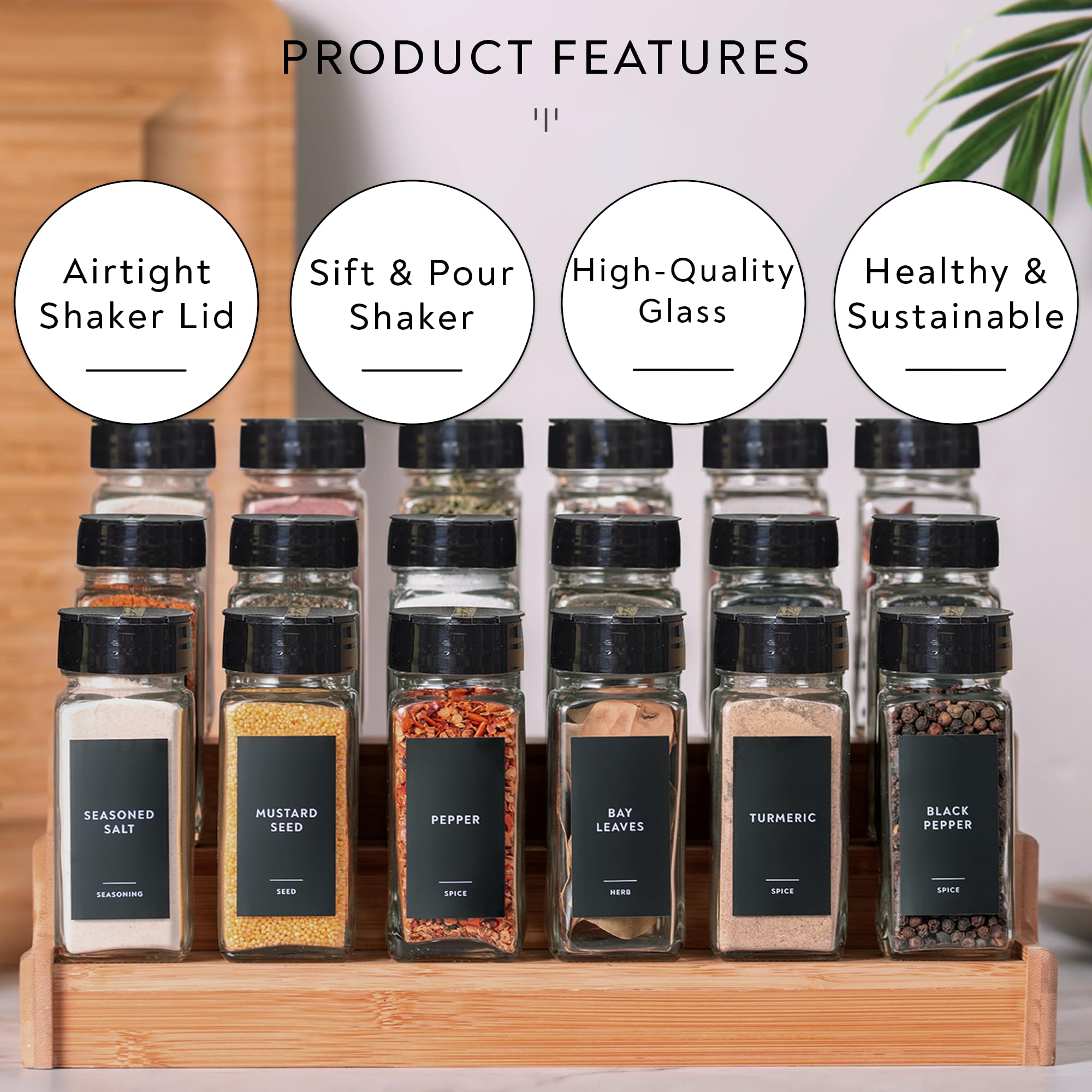 Laramaid 4oz 48Pack Glass Jars with 304 Minimalist Black Premium Spice Labels, Black Plastic Shaker Lid Dispenser, White Chalk Marker, Cleaning Brush and Collapsible Silicone Funnel