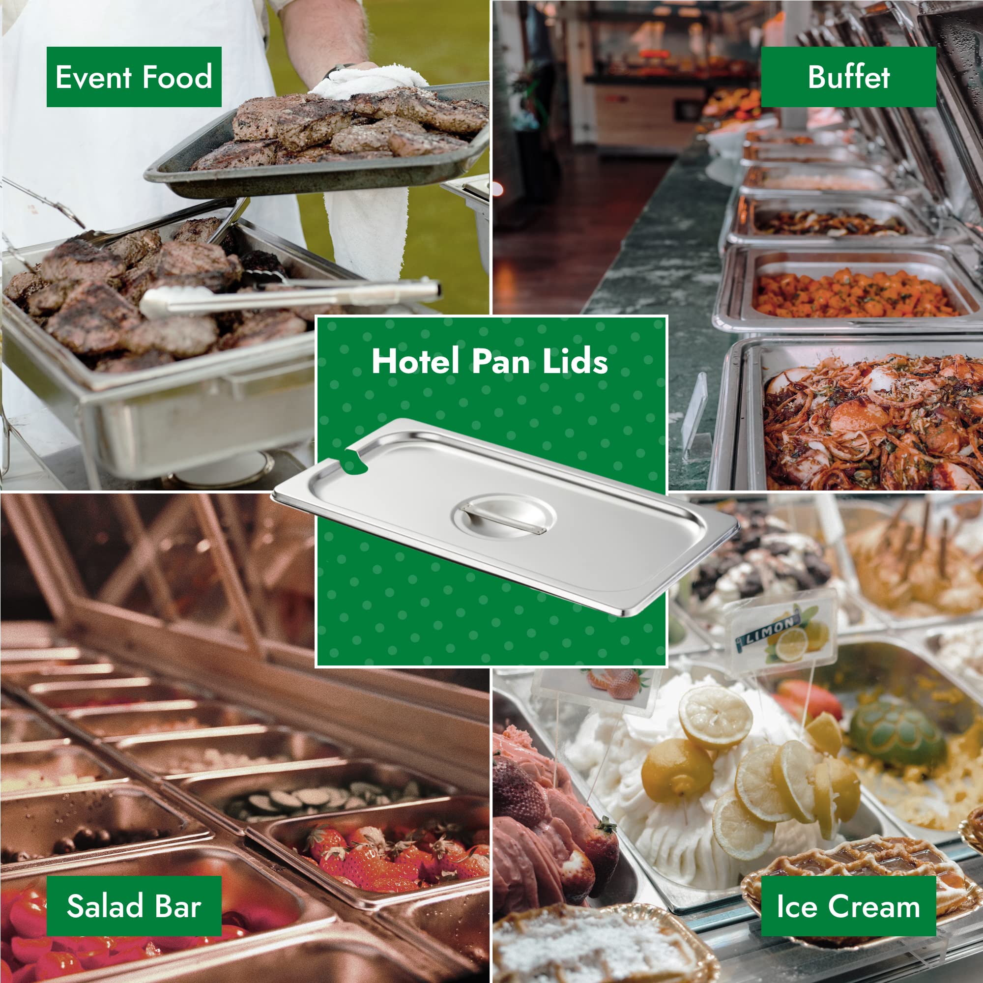 HECMAC 6-Pack 1/3 Size Slotted Hotel Pan Cover,Stainless Steel Solid Steam Table Catering Food Pan Lid with Handle