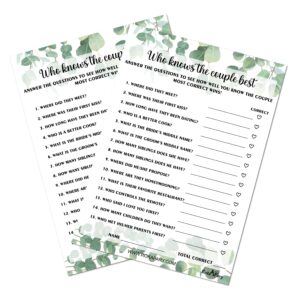 rokapary eucalyptus who knows the couple best, wedding, bridal shower, bachelorette or engagement party game, couples guessing play pack of 50 cards 5”x7” made in usa