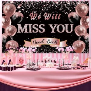 Retirement Farewell Party Backdrop We Will Miss You Rose Gold Glitter Balloon Photography Background Goodbye Going Away Retirement Bye Office Work Graduation Party Decoration 7x5FT