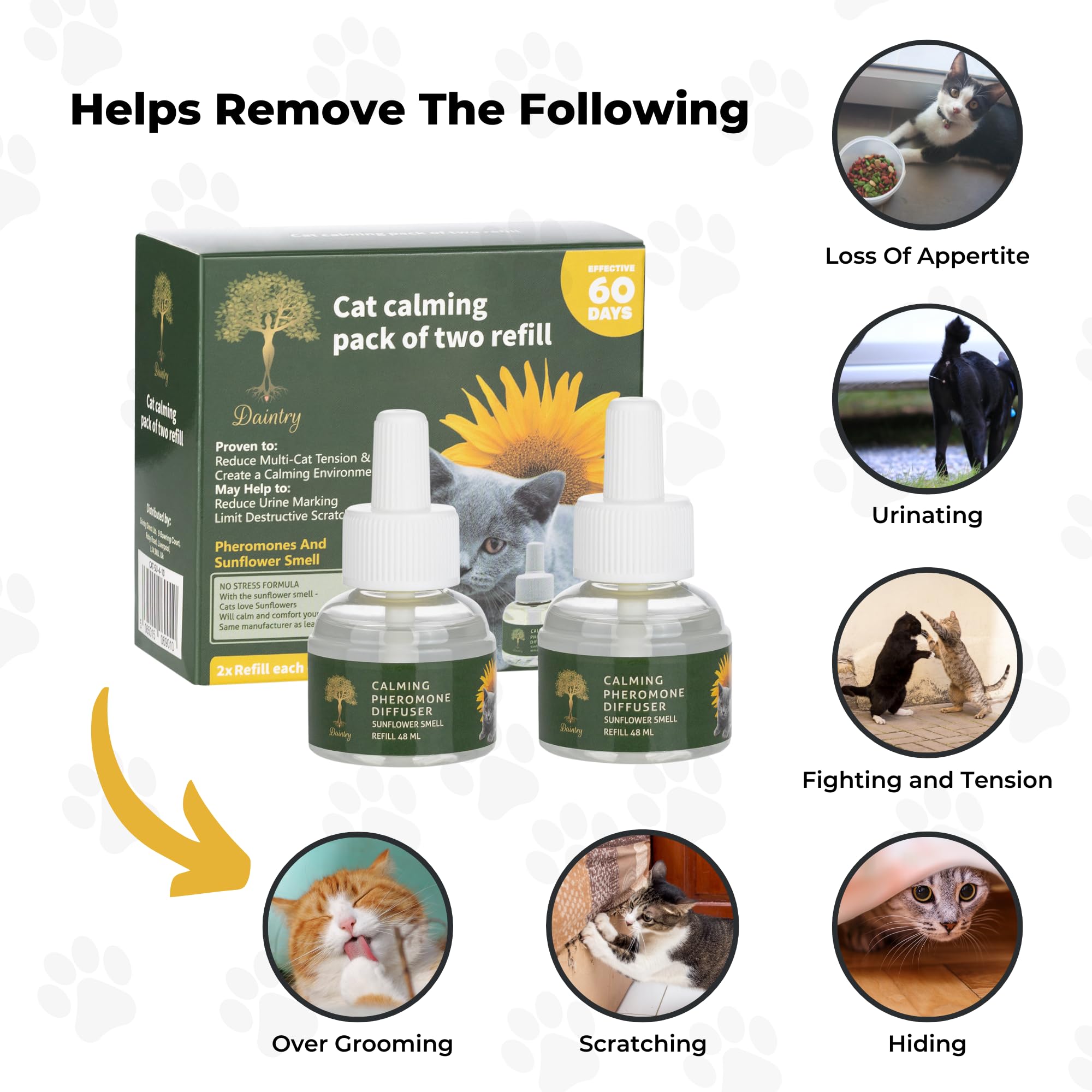 Daintry Cat Calming Diffuser with Feline Pheromones, Sunflower Scent, Stress & Anxiety Relief for Cats, 30-Day 2 x 48 ml Refills, Easy Plug-in Solution for Calming. Diffuser not Include